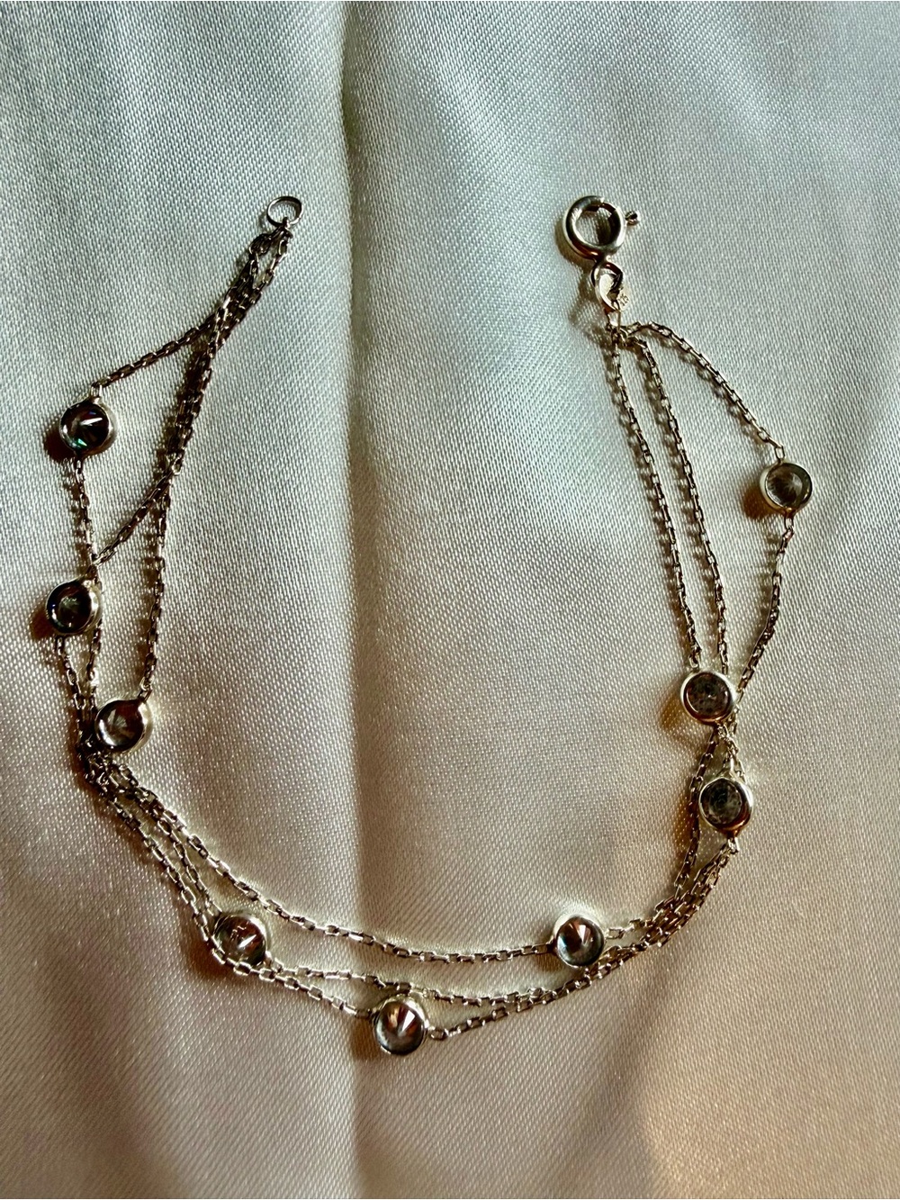 Delicate Silver Triple-Chain Bracelet with Clear Accent Stones